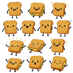 Obraz premium Set of cute kawaii toast and sandwich characters with various emotions.
