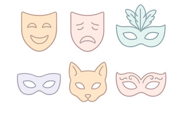 Fototapeta premium Collection of stylized comedy, tragedy, masquerade, and animal face masks