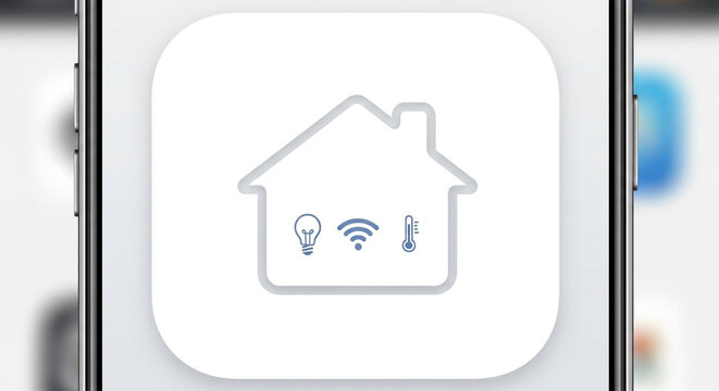 Smart home app icon featuring a house outline with lightbulb, wifi, and thermometer symbols, displayed on a smartphone screen, isolated on white background - Powered by Adobe