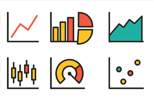 Six modern data analysis charts including bar, line, pie, area, and scatter plots
