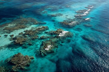 Fototapeta premium Aerial view of a vibrant coral reef in clear turquoise tropical ocean water showing shallow and deep areas