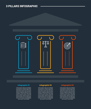 3 pillars infographic process diagram with ancient pillar style with dark background bright outline style 3 points