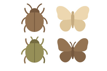 Simple graphic set featuring various bugs and butterflies in muted brown and green tones