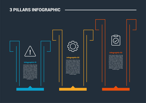 3 pillars infographic process diagram with open box container gradually growth increase with dark background bright outline style 3 points
