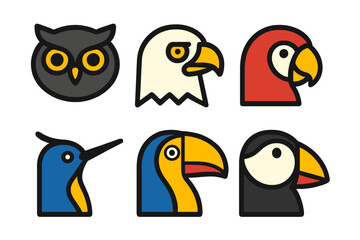 Fototapeta premium Six stylized bird heads including owl, eagle, parrot, toucan, and puffin