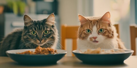 Two adorable cats sit patiently at a table, looking at their meals. The atmosphere feels warm and inviting. Cats are curious pets that bring joy to many homes. AI