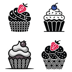 Gourmet Cupcake Icon Set - Sweet Dessert Bakery Logo and Outline Vector Collection
