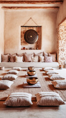 A tranquil therapy space prepared for a sound therapy session, showcasing a mix of plants, candles, and art pieces to create a soothing ambiance for participants