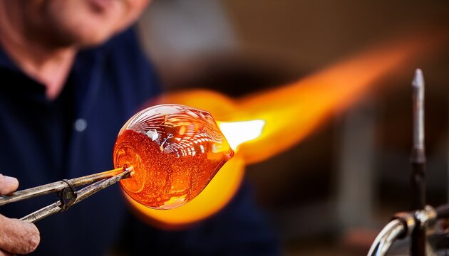 intense close up of hot molten glass blowing and shaping with flame from torch focused craft in workshop creating handmade art with intense heat and fire