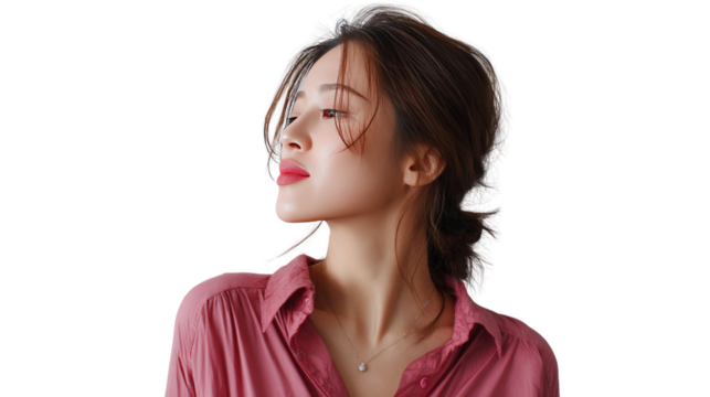 A Moment of Contemplation: A portrait of a woman with serene expression and stylish hair against a soft light background, emanating natural beauty and introspection.