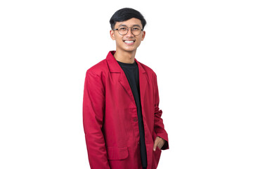 Portrait of smiling young asian college student wearing red almamater isolated on white background