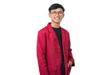Portrait of smiling young asian college student wearing red almamater isolated on white background