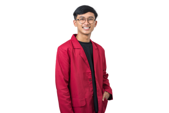 Portrait of smiling young asian college student wearing red almamater isolated on white background