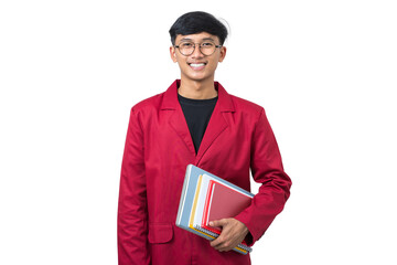 Smiling young college student holding books isolated on white background