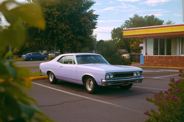 Classic purple car parked near fast food restaurant at sunset