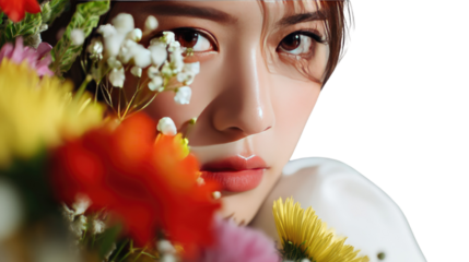 Elegant Bloom: A portrait of a woman, artfully framed by a vibrant bouquet of flowers, exuding grace and natural beauty.