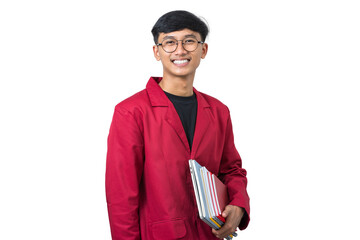 Smiling young college student holding books isolated on white background