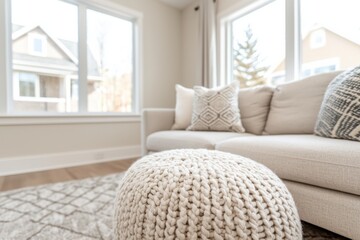 Fototapeta premium A cozy living room featuring a light-colored sofa, decorative pillows, and a knitted pouf, bathed in natural light from large windows.