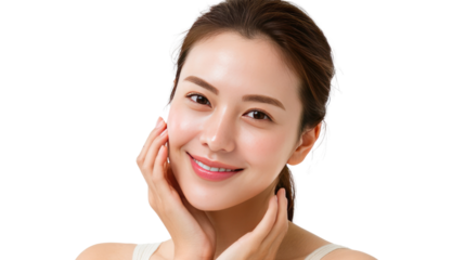 Radiant Glow: A woman with a radiant smile gently touches her face, showcasing healthy and glowing skin. The image celebrates natural beauty and skincare.