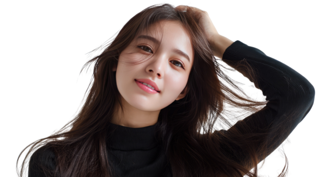 Radiant Beauty: A captivating portrait of a graceful woman, her long hair flowing effortlessly as she gazes with a serene smile. 