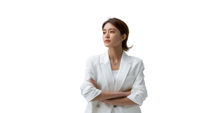 Poised Professional: An elegant business woman in a smart white suit, arms crossed, gazing confidently towards the future.