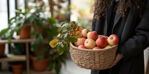 A woman holding a basket filled with fresh apples. The cozy setting features lush plants and a warm atmosphere. Perfect for seasonal themes or healthy lifestyle content. AI