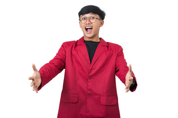 Young college student shocked reaction face expression isolated on white background