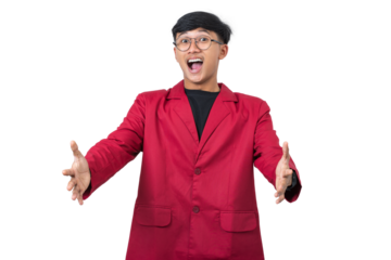 Young college student shocked reaction face expression isolated on white background