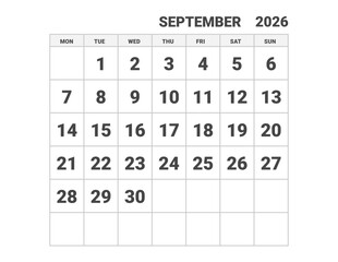 September 2026 calendar, weeks start on Monday, vector design 