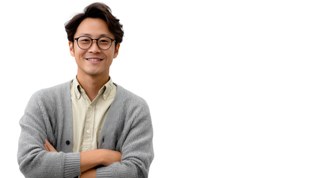 Smiling Man Portrait: A confident, smiling man poses, arms crossed, with eyeglasses, capturing a portrait of approachability and intellect. 