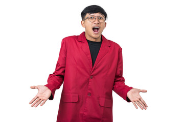 Young college student shocked reaction face expression isolated on white background