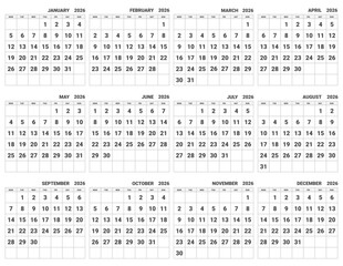 Simple yearly calendar 2026 vector