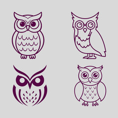 Cute vector illustration set of cartoon owls on a branch, featuring a sweet baby bird character icon head and fun art