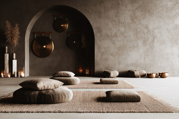 A tranquil therapy space prepared for a sound therapy session, showcasing a mix of plants, candles, and art pieces to create a soothing ambiance for participants