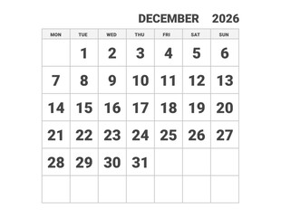 December 2026 calendar, weeks start on Monday, vector design 