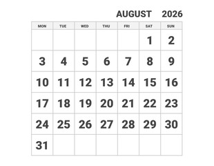 August 2026 calendar, weeks start on Monday, vector design 