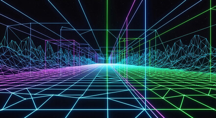 Retrofuturistic grid landscape with neon lines in blue, green, and purple, evoking a nostalgic yet modern vibe, perfect for digital art and design projects