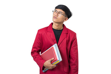 Thoughtful Young college student thinking about something isolated on white background