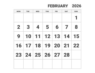 February 2026 calendar, weeks start on Monday, vector design 