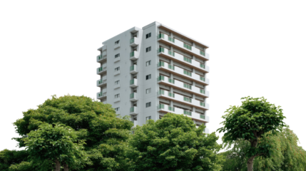 Modern High-Rise with Lush Greenery: A contemporary high-rise building, its clean lines accentuated by the vibrant green of surrounding trees, set against the clear blue sky.