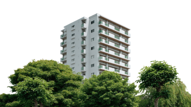 Modern High-Rise with Lush Greenery: A contemporary high-rise building, its clean lines accentuated by the vibrant green of surrounding trees, set against the clear blue sky.