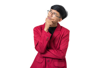 Thoughtful Young college student thinking about something isolated on white background