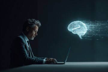 Businessman using laptop while an animated brain symbol appears in the dark background, symbolizing technology and intelligence