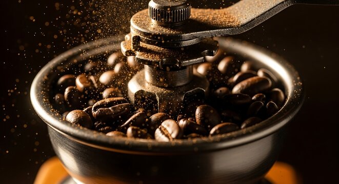 Aromatic Coffee Beans Freshly Ground in a Manual Grinder with Golden Sparks