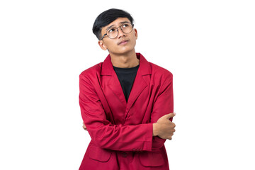 Thoughtful Young college student thinking about something isolated on white background