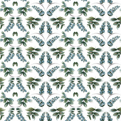 Vector floral damask seamless pattern from hand painted leaves and blue berries on a white background