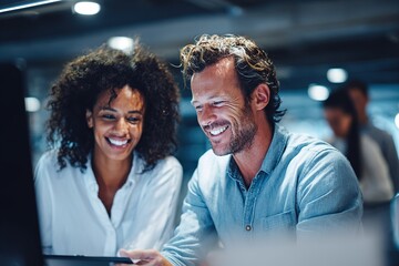 Smiling team members collaborate at a modern workspace during a productive meeting in the afternoon