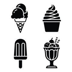 Collection of four stylized ice cream treats including cones sundaes popsicles and soft serve desserts perfect for summer silhouette