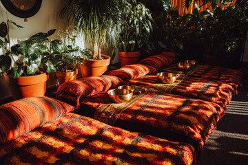 Relaxation and healing take place in a cozy room filled with plants, soft textiles, and sound therapy bowls, offering a peaceful atmosphere for meditation and mindfulness