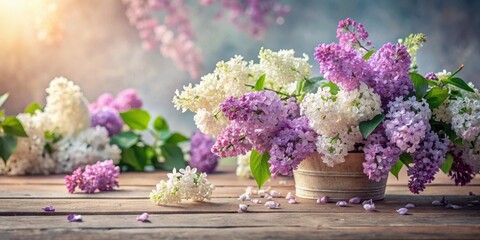 A rustic arrangement of delicate lilac blossoms in a weathered container, bathed in soft sunlight on a weathered wooden surface